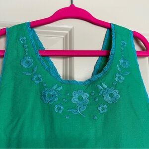 Green Sleeveless Dress with Floral Embroidery